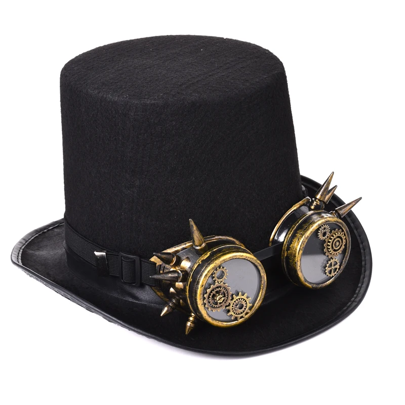 Steampunk Men Women Steampunk Top Hat Gears Spike Goggles Cosplay Costume Gothic Hat Black