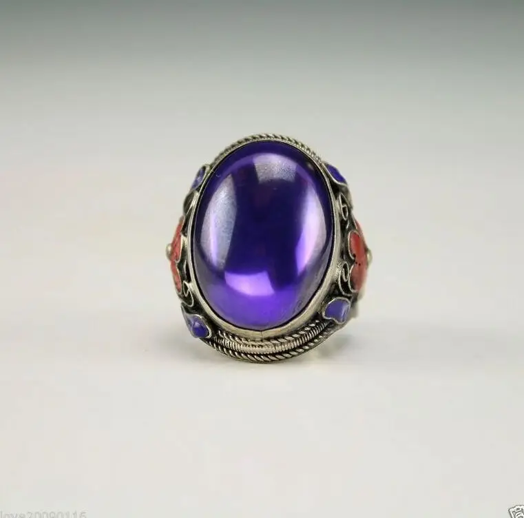 

Chinese Handwork inlay purple Zircon Cloisonne silver Red Flower Adjust Ring