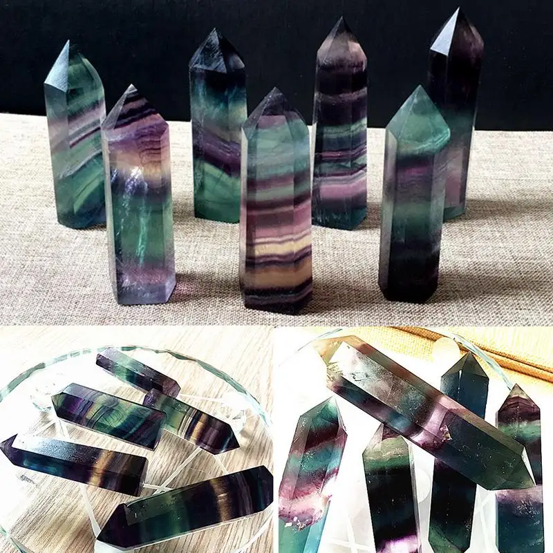 100% Natural Fluorite Crystal Colorful Striped Fluorite Quartz Crystal Stone Point Healing Hexagonal Wand  Stone #CO