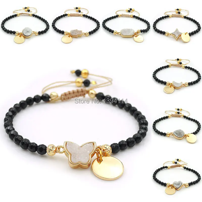 

Titanium Coated AB Color Crystal Druzy Base Conector Black Agate Faceted Beads Hand-knitted Strand Bracelet