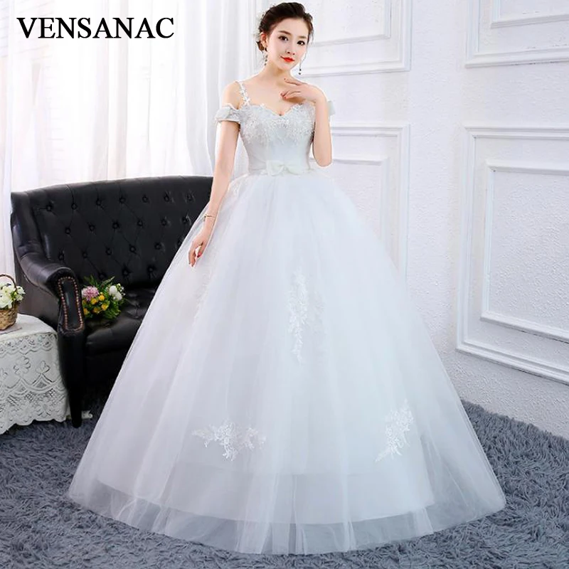 

VENSANAC Sequined Sweetheart Bow Sash Ball Gown Wedding Dresses Lace Appliques Spaghetti Straps Backless Bridal Gowns