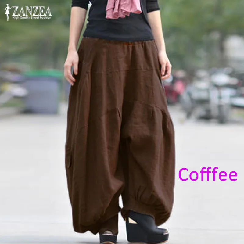 Cargo Pants Women ZANZEA Kaftan Wide Leg Tousers Cotton Linen Pantalon Palazzo Female Elastic Waist Drop Crotch Pants