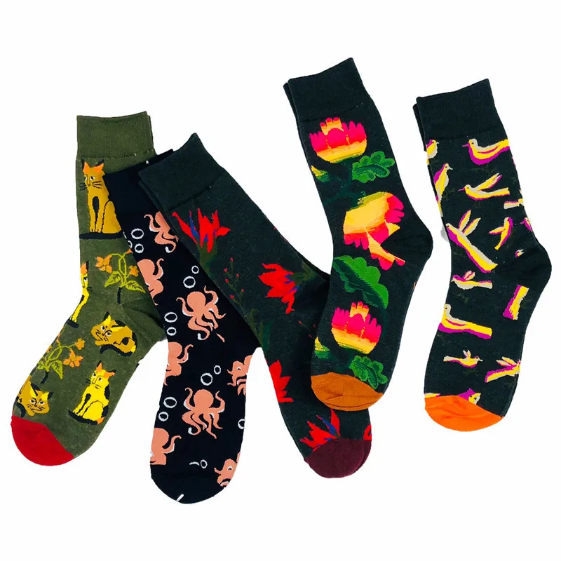 Women Sock Funny Cartoon Flower Celosia Birdie Octopus Cat Animal Harajuku Colorful Happy Hip Hop Personality Cotton Sock Autumn