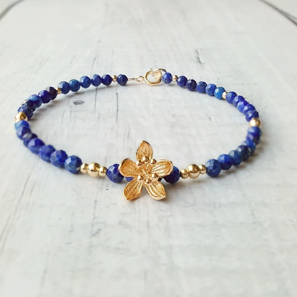 LiiJi Unique Real Lapis Lazuli Gold color flowers charm Bracelet 925 Sterling Silver Delicate Jewelry Drop Shipping
