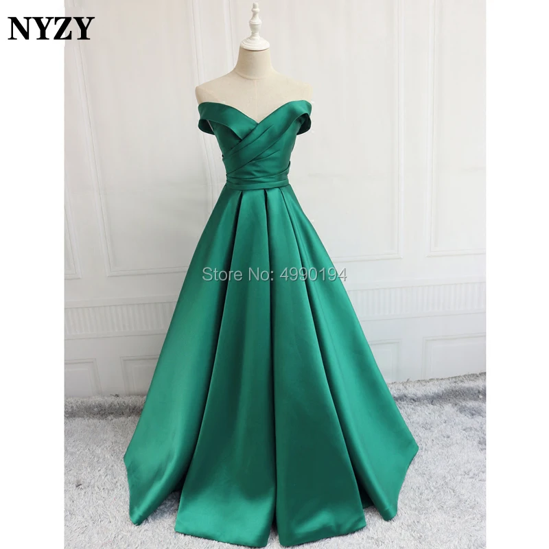 NYZY-vestido de satén verde con hombros descubiertos P34, elegante, sencillo, Formal, para fiesta y fiesta, 2019