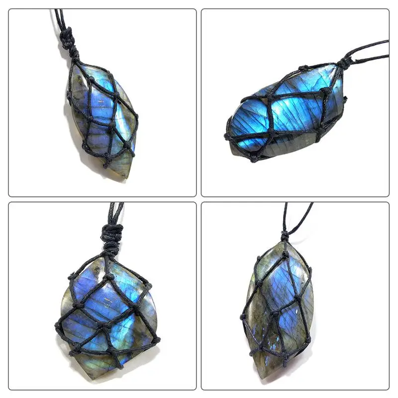 Dragons Heart Labradorite Necklace Natural Stone Pendant Wrap Braided Yoga Macrame Necklace for Men/Women's Energy Hanging Drops