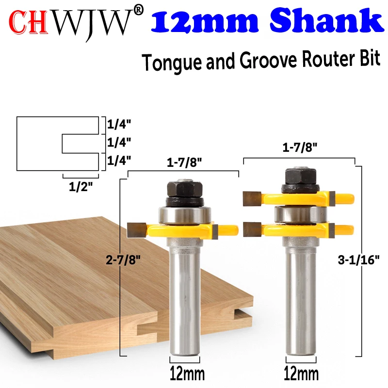 

2pc 12mm Shank high quality Tongue & Groove Joint Assembly Router Bit Set 3/4" Stock Wood Cutting Tool - Chwjw