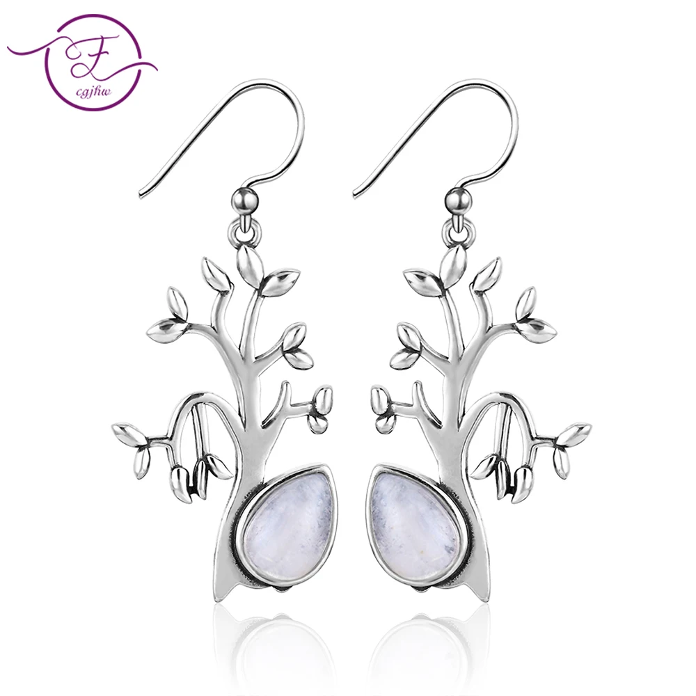 Women's 925 Sterling Silver Earrings 6x9MM Pear Shape Moonstone Life Tree Pendant Earrings Party Wholesale Wedding Dress