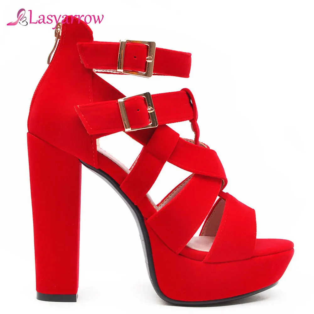 Lasyarrow 2020 Ankle Strap Cross Tied Design High Heel Sandals Women Party Wedding Ladies Platform Shoes Summer Black Red J754