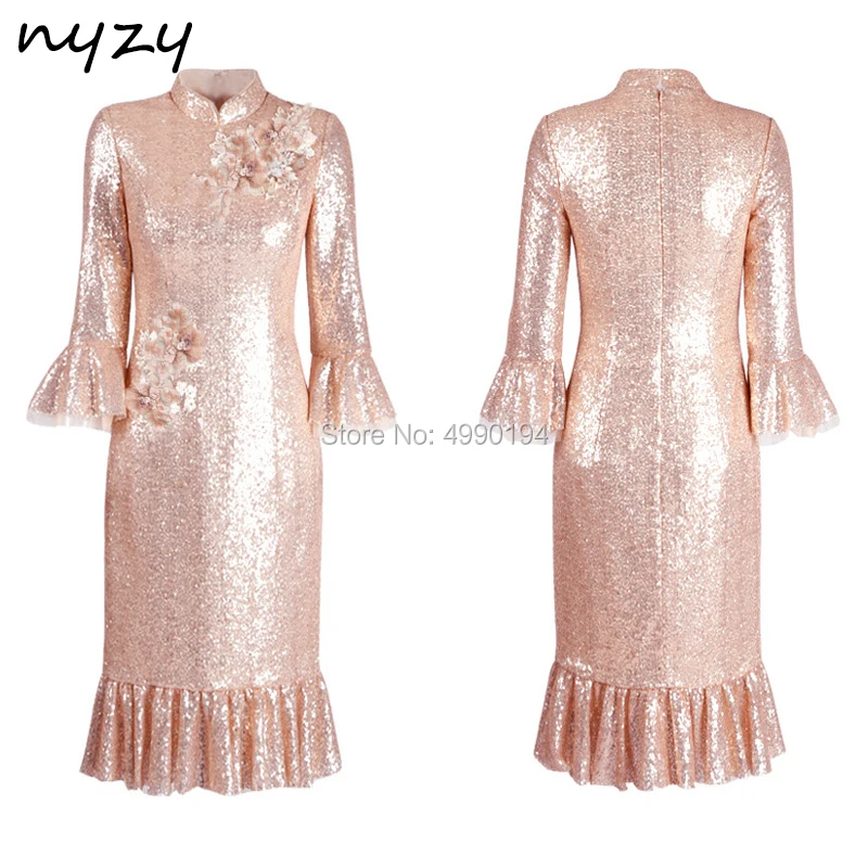 

NYZY C38 Sequin Gown High Neck 3/4 Sleeves Tea Length robe de cocktail longue soiree Cocktail Dress for Wedding Party 2019