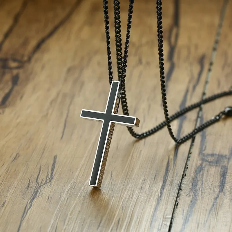 Men\'s Stainless Steel Cross Collar Pendant Religious Inspirational Quotes I Can Do All Things Men Choker Necklace