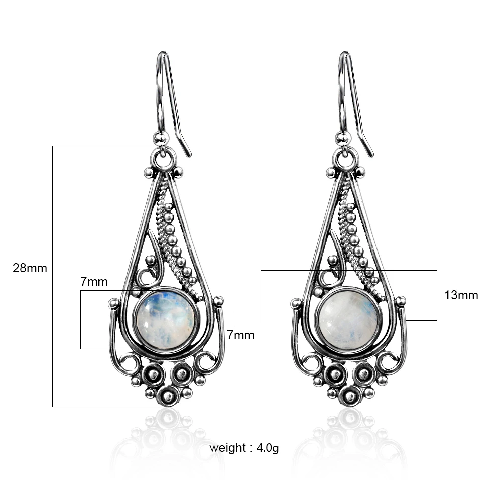 New listing 7MM round natural moonstone earrings bohemian style 925 sterling silver pendant earrings women fashion wedding party