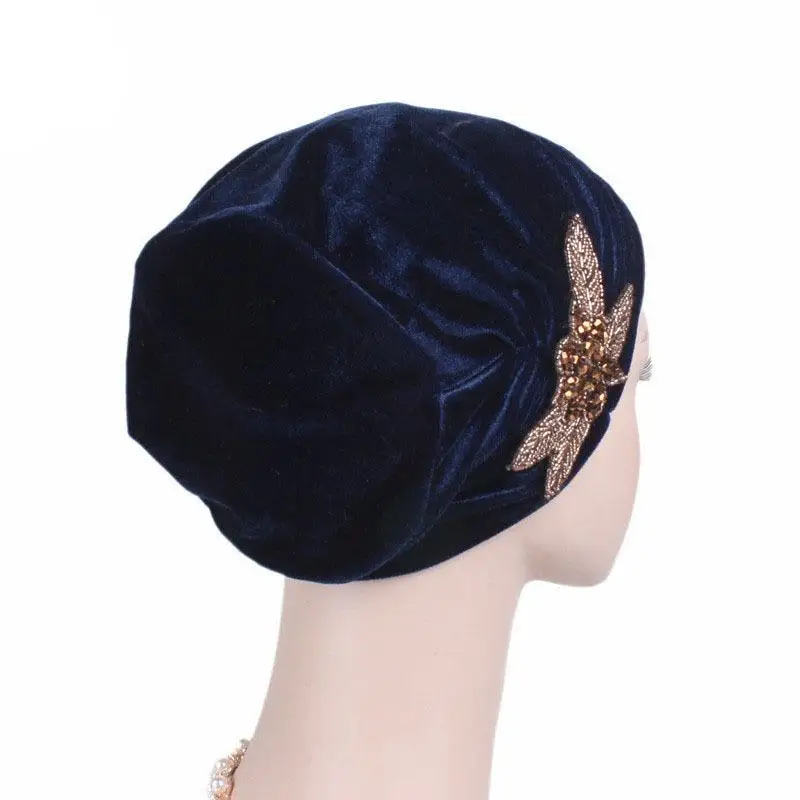 Women Muslim India Cap Ladies Velvet Hat Beanie Skullies Turban Chemo Cap With Beads Flower Headwear Cancer Hat Inner Elegant