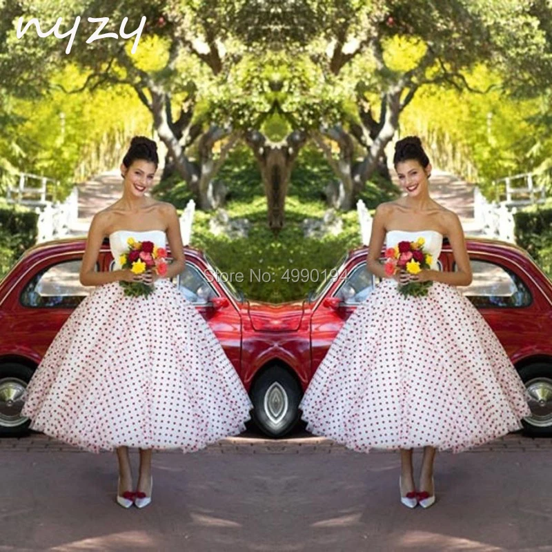 NYZY W1สีแดงและสีขาวงานแต่งงาน2019 Vintage 50S 60S ชุดราตรี Puffy Ball Gown ชาความยาว Robe De Mariee