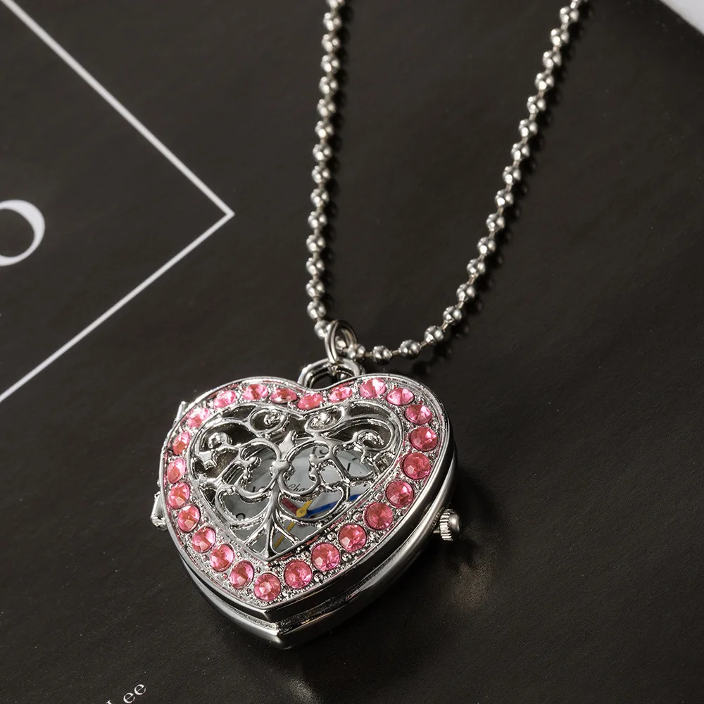 

Fashion Girls Pink Watches Women Quartz Pocket Watch Pendant Chain Necklace Heart case Watch Relogio Masculino kids gift