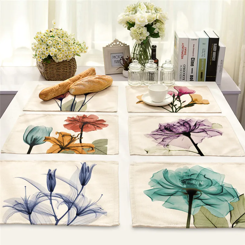 

1Pcs Flower Pattern Kitchen Placemat Dining Table Mat Drink Coaster Cotton Linen Pads Bowl Cup Mats 42*32cm Home Decor MP0017