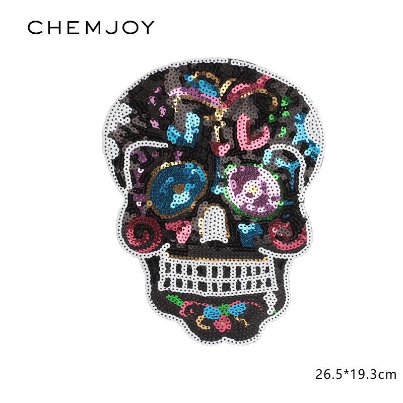 Large Sequin Patch Black Skull Sew on Patches for Cool Clothing Coat Backpacks Sewing Applique Clothes Stickers Jacket Badges