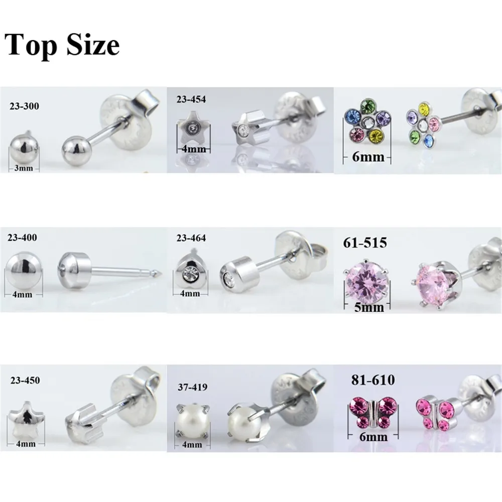 1 Pair Surgical Steel Ear Studs CZ Ball Heart Star Flower Crown Butterfly Sterilized Packaged Earrings Women Baby Gifts Jewelry