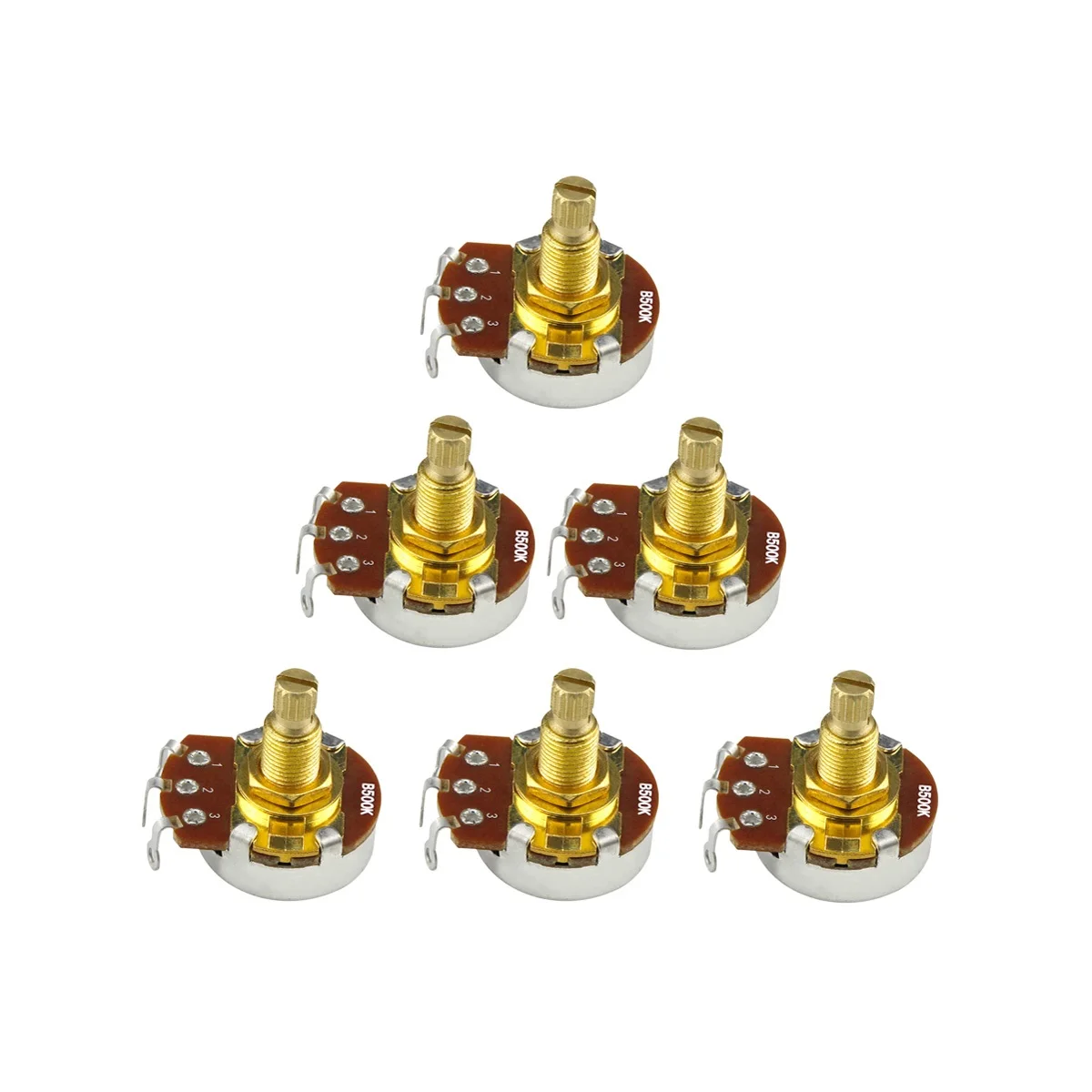 FLEOR 6pcs Golden Full Size Long Split Shaft Potentiometers Guitar Pots A250K B250K A500K B500K Choose