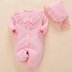 new born baby girl clothes cotton princess children jumpsuit fall winter lace flowers thick toddler infant romper 0-3-6-9 months