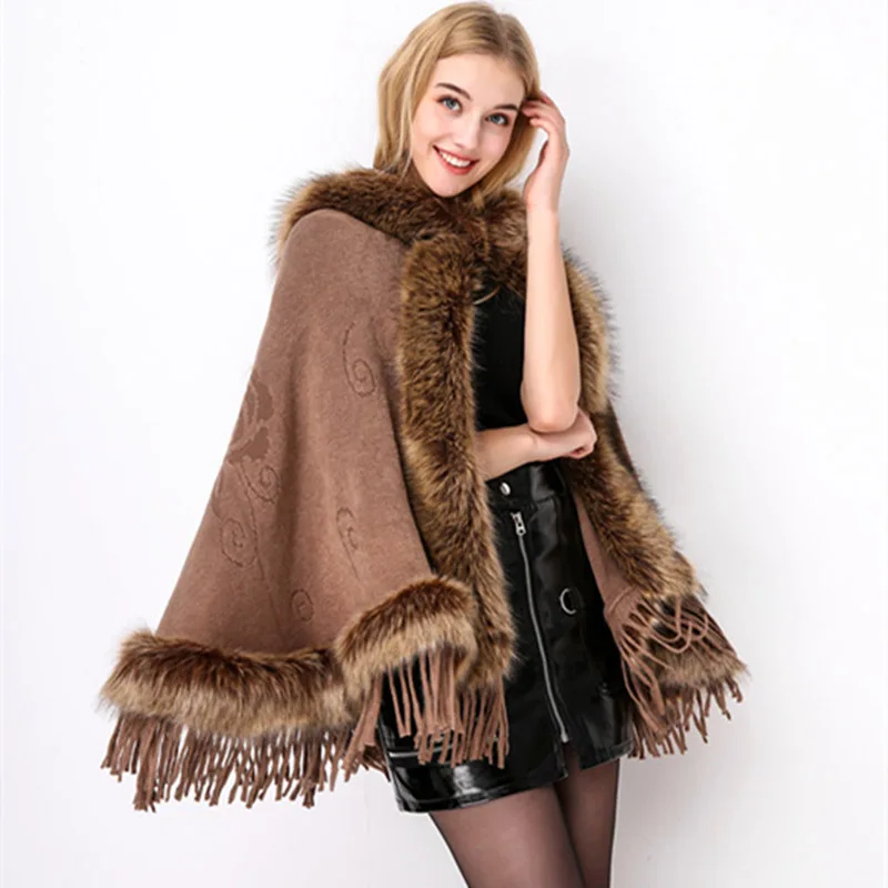 Women Autumn Winter Knit Cashmere Poncho Hooded Good Faux Fox Fur Cape Cloak Tassels Shawl Pashmina Coat Wraps retail