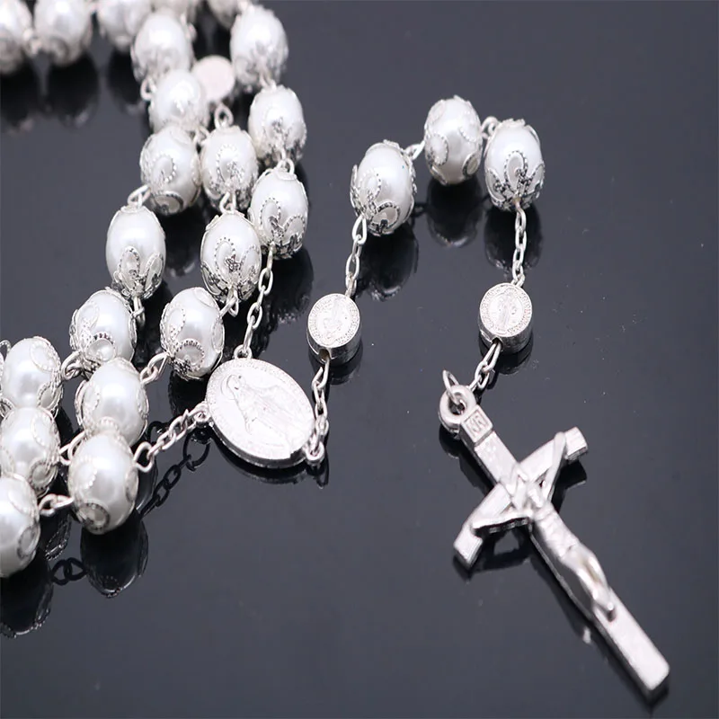 10mm Long Rosary Necklace Big Pearl Jesus Christ Cross Pendant and Crystal Rosary Jewelry Necklace