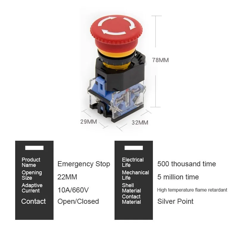 22mm Emergency Stop Push Button Switch Power Supply LA38-11ZS Red Mushroom Head Self-locking 10A/660V