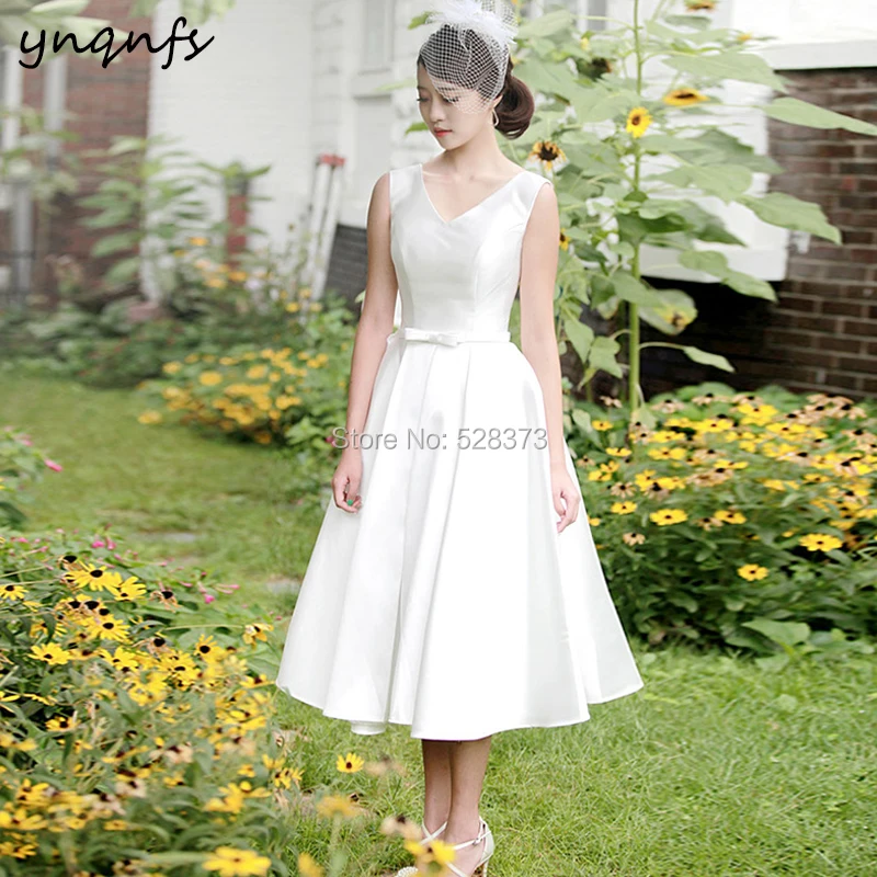 YNQNFS W109 Vintage 50s 60s vestido de noiva curto Satin 2019 Bridesmaid Dresses Tea Length Wedding Bridal Dress Party Gown