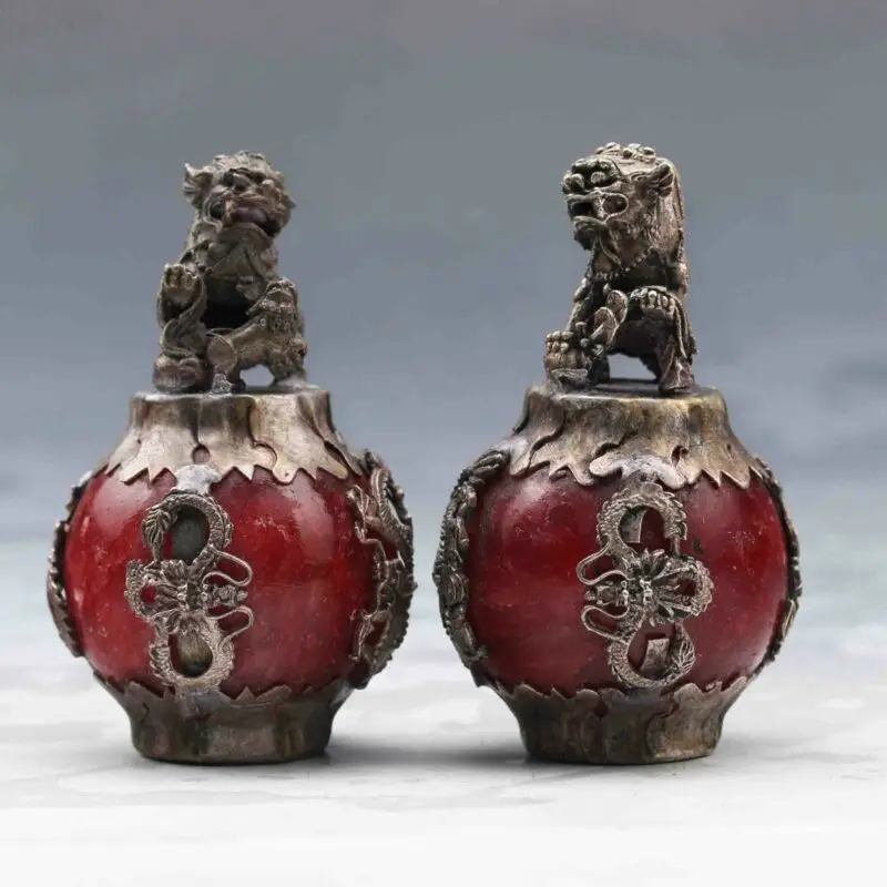 Collectable  Chinese  Jade setting  Tibet Silver Carved Lion Exquisite Pair Statue