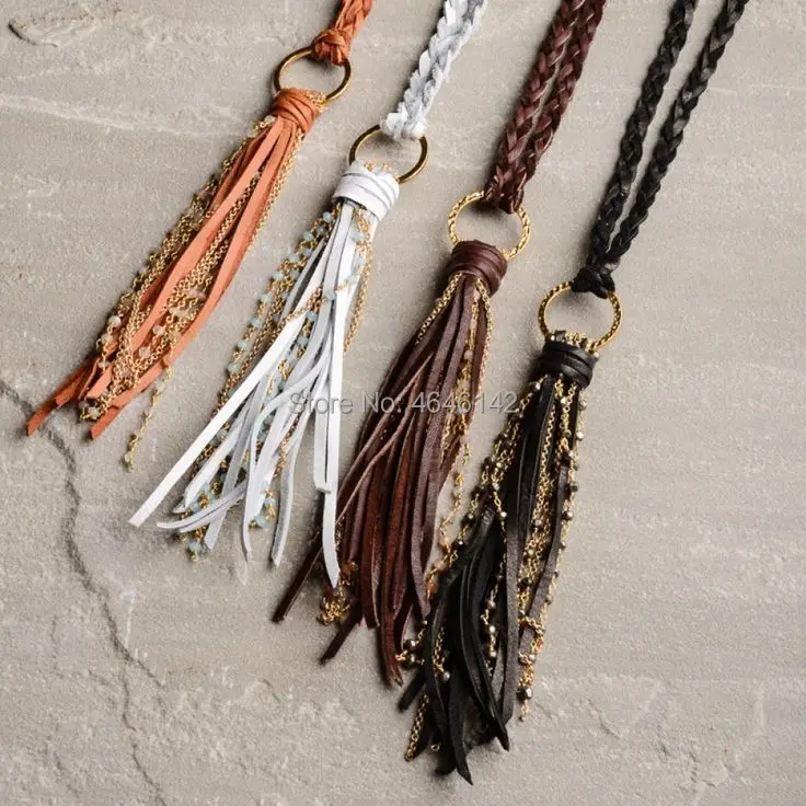 Braid Leather Tassel Necklace,Long Boho Chic Tassel Pendant Necklace