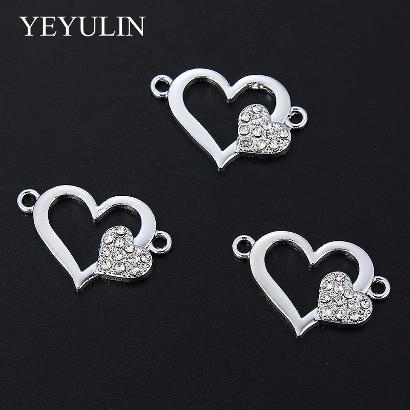 10 Pcs Silver Plated Color Love Heart Shape Alloy Connects For Making Necklace Bracelets Gift  Fashion Crystal Jewelry Findings