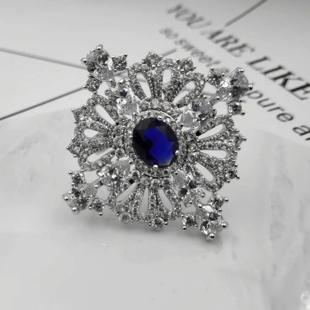 Royal Vintage CZ Loop Ribbon Oval Cut Blue CZ Stone Square Brooch Art Deco Pins Princess Jewelry for Women Outfit Dressy Jewelry