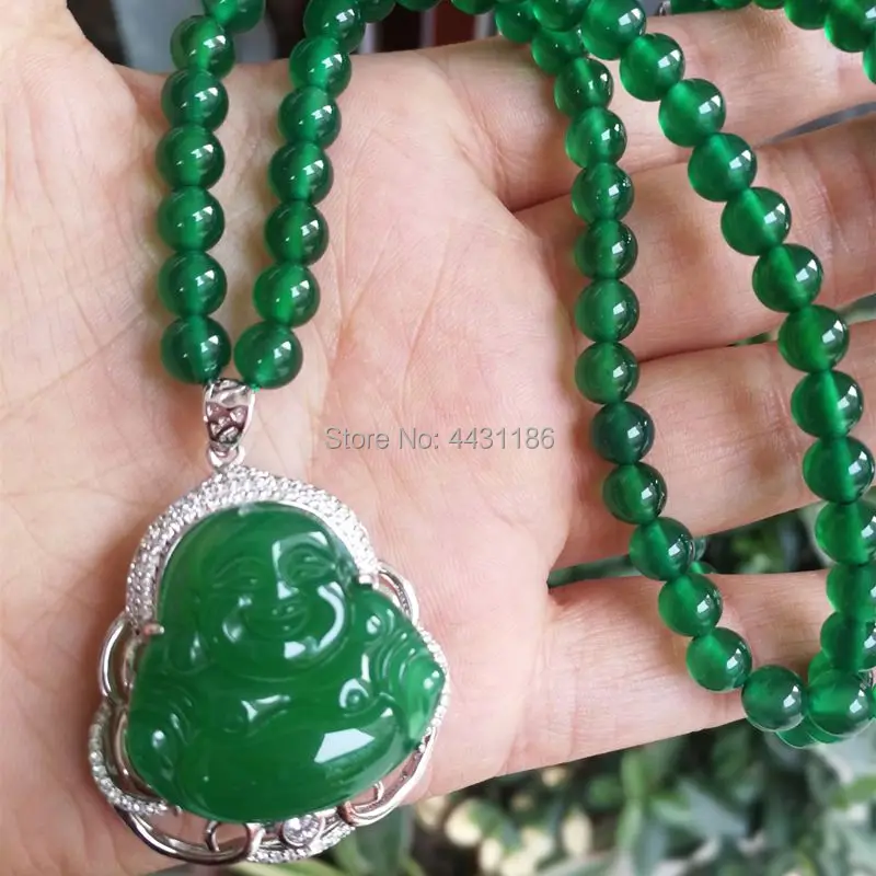 

Hand-Carving Natural Green Chalcedony Smile Buddha 925 Silver Lnlay Pendant Necklace Amulet Good Gift Ornaments