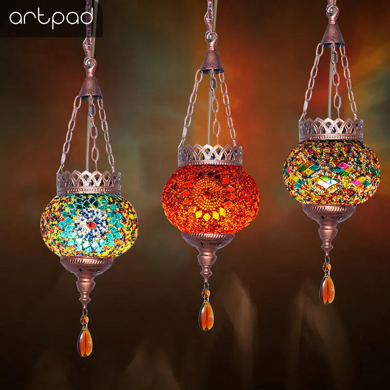 Artpad Creative Mediterranean Style LED Mosaic Pendant Lamp Retro Antique Bar Lamp Bohemia Hanging Lights for Hotel Dining Room