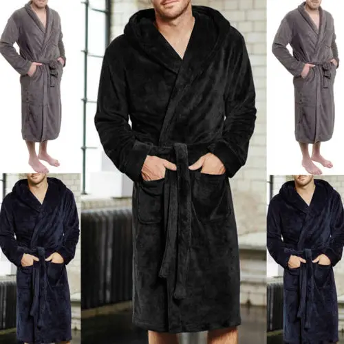 HIRIGIN-Albornoz tipo Kimono de manga larga para hombre, bata cálida de invierno, chal de felpa alargado y grueso, ropa de casa