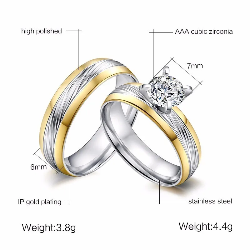 Vnox Luxury Solitaire Engagement Rings for Women Men Stainless Steel with Big AAA CZ Stone Couple Wedding Bands