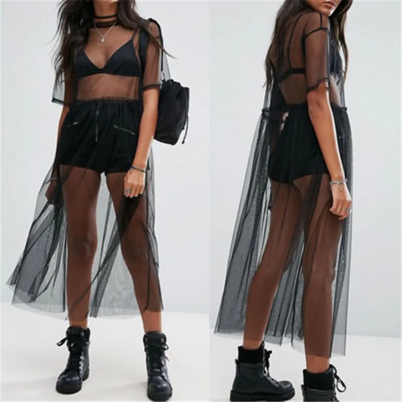 2018 Sexy T Shirt Women Black Gauze Mesh Sheer Tops Sheer Long Shirts Casual Loose T-Shirts Transparent Long Short Sleeve Tops