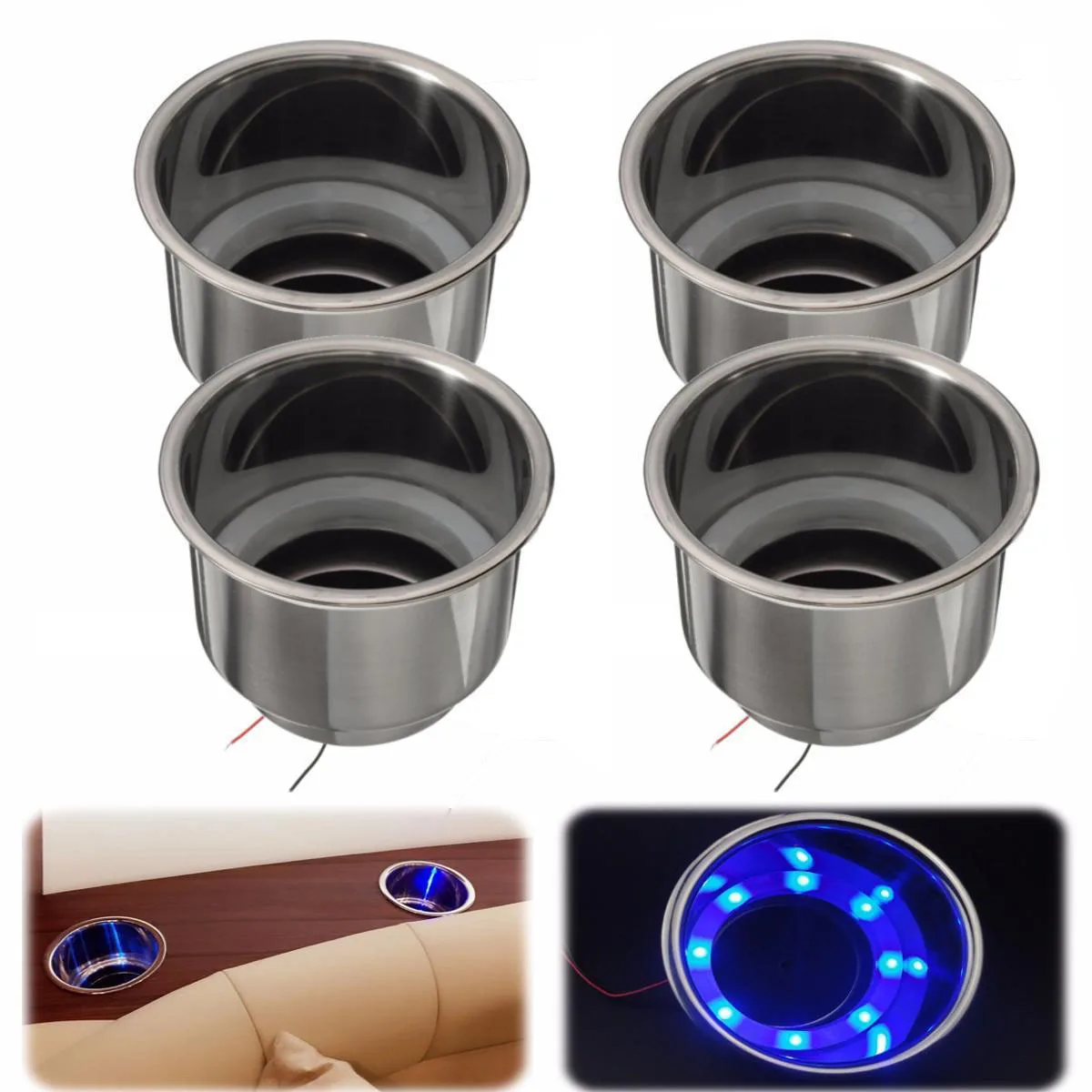 4pcs/set  Blue 8LED 12V Blue 8 LED Recessed Stainless Steel Cup Drink Holder for Marine Boat Camper Car Truck 10.4x7.6cm