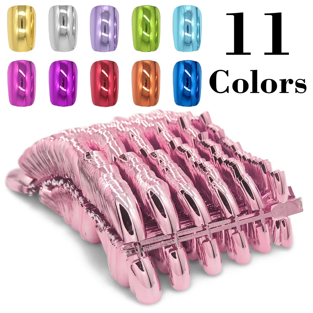 Kimcci 600pcs Short Metal Plating Fake Nails Reflective Mirror Light Pink French Acrylic False Nail Art Tips Metallic Gold Blue