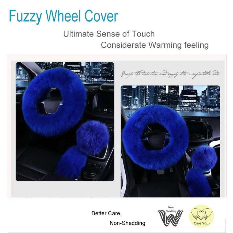 3pcs/Set High Quality Artificial Fur Car Auto Long Plush Warm Steering Wheel Handbrake Cover Blue