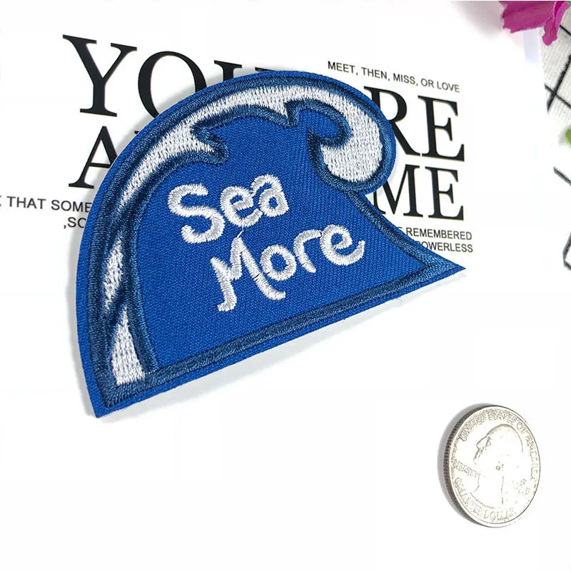 PGY Wave Iron On patches for Clothing Letter Sea More Wave Back Rubber Appliques Embroidery Clothing Holes Diy Accessories