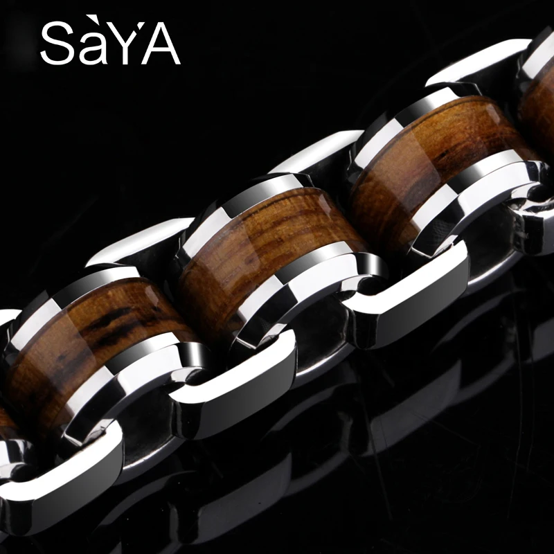 Men Fashion Bracelets Tungsten Carbide Links Chain Bracelets Inlay Natrual Wood Length 18.5/19.5/20.5cm