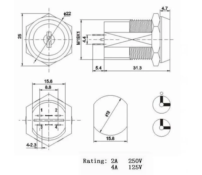 19mm Metal 4Pin ON-OFF 2Position DPST A Series Electronic Lock Key Switch 2NO 2NC 4A 125VAC/2A 250VAC