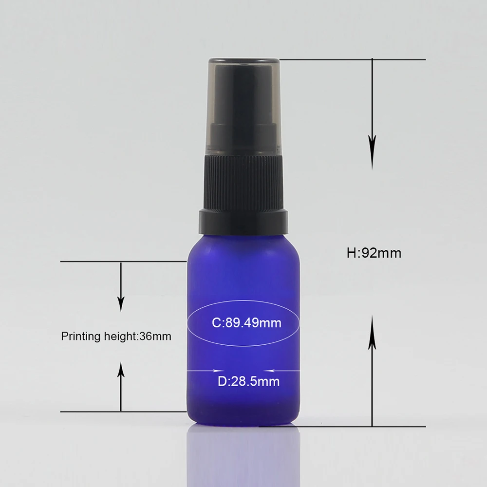 15ml spray glass bottles for perfume skincare box packaging, blue frosted glass bottle with black pump