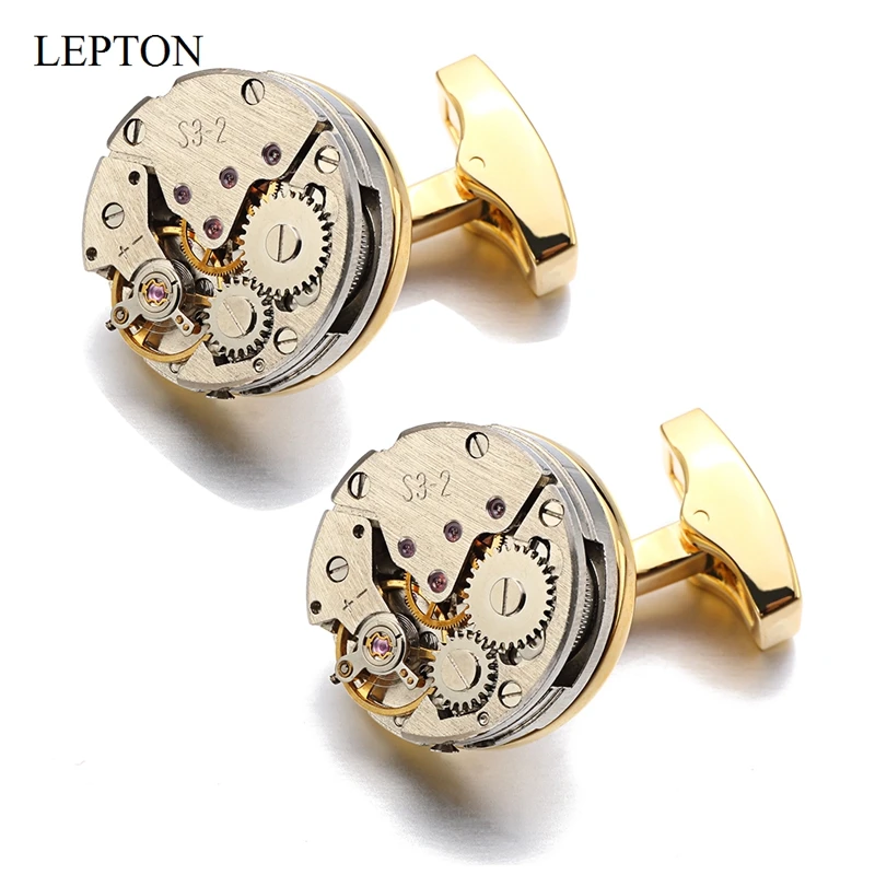 Lepton Watch Movement Cufflinks For Mens Immovable Steampunk Gear Watch Mechanism Cuff Links Men Business Shirt Cuffs Cufflink