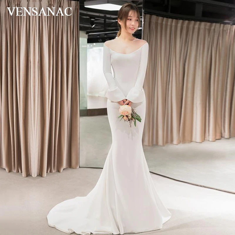 VENSANAC Scoop Neck Satin Sweep Train Mermaid Wedding Dresses Long Flare Sleeve Buttons Backless Bridal Gowns