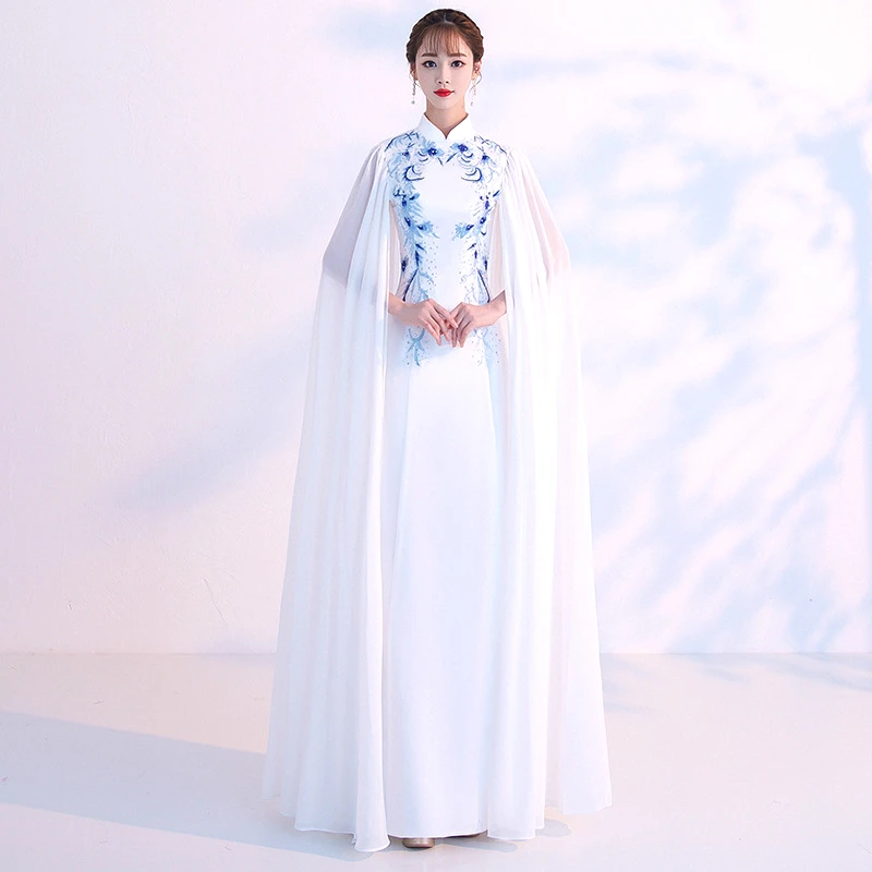 

Deux Piece Chinois Dresses Evening Long Porcelain Chinese Dress Cheongsam Pattern Woman Fashion Grace White Blue Beautiful Gowns