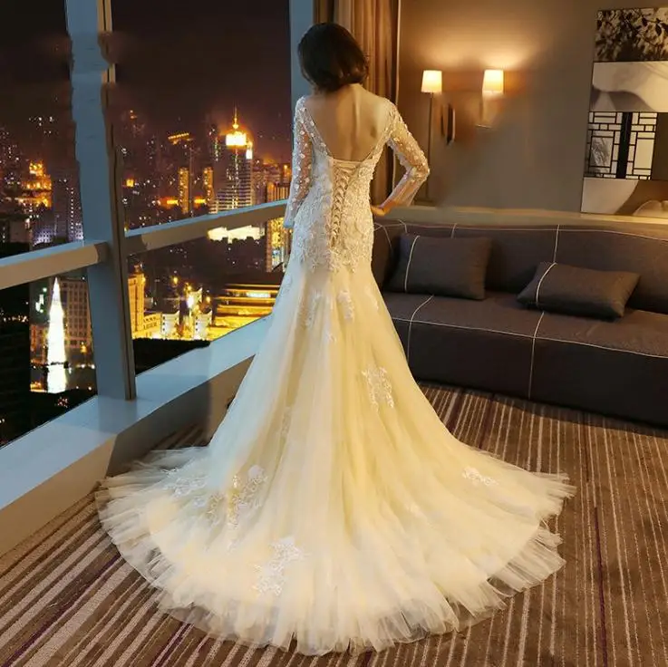 VENSANAC Sequined O Neck Lace Appliques Mermaid Wedding Dresses Illusion Long Sleeve Sweep Train Backless Bridal Gowns