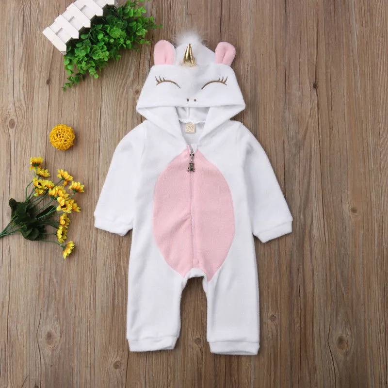 0-24M Newborn Kid Baby Boy Girl Clothes Cute Unicorn Flannel Hooded Romper Elegant Cotton Princess Jumpsuit lovely party Outfit