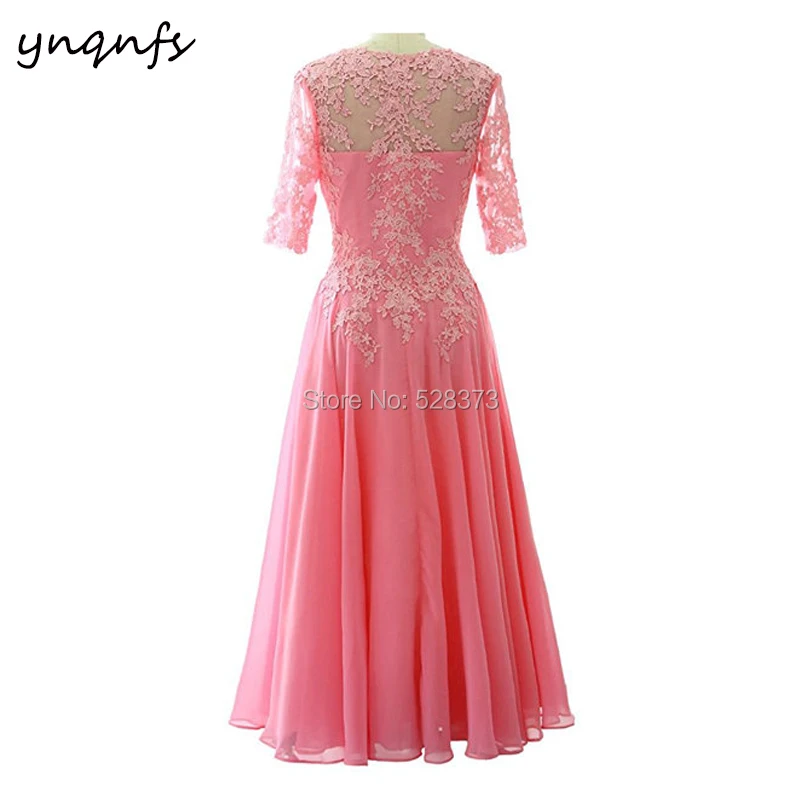 YNQNFS M125 Chiffon V Neck Tea Length Teal Mother of the Bride Lace Dresses with Sleeves Wedding Party Gown Guest Dress 2019